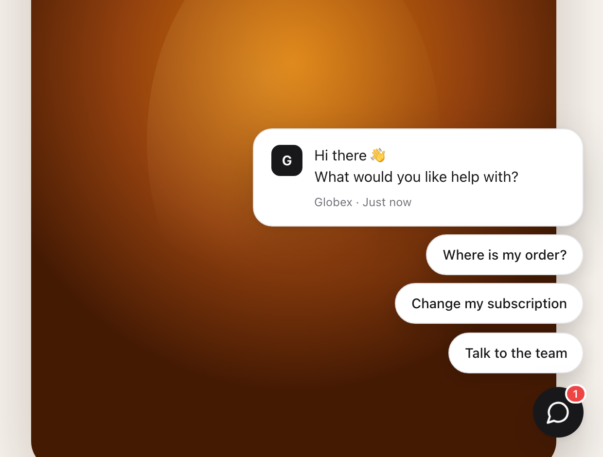 The messenger on a website, greeting a visitor with quick replies
