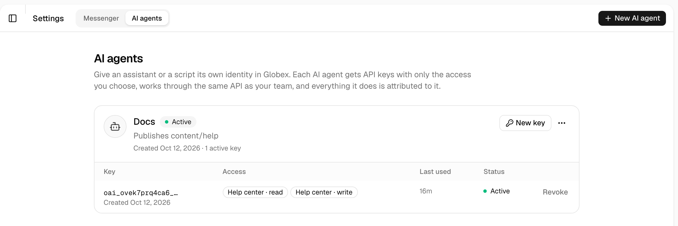 AI agents and their API keys in Settings