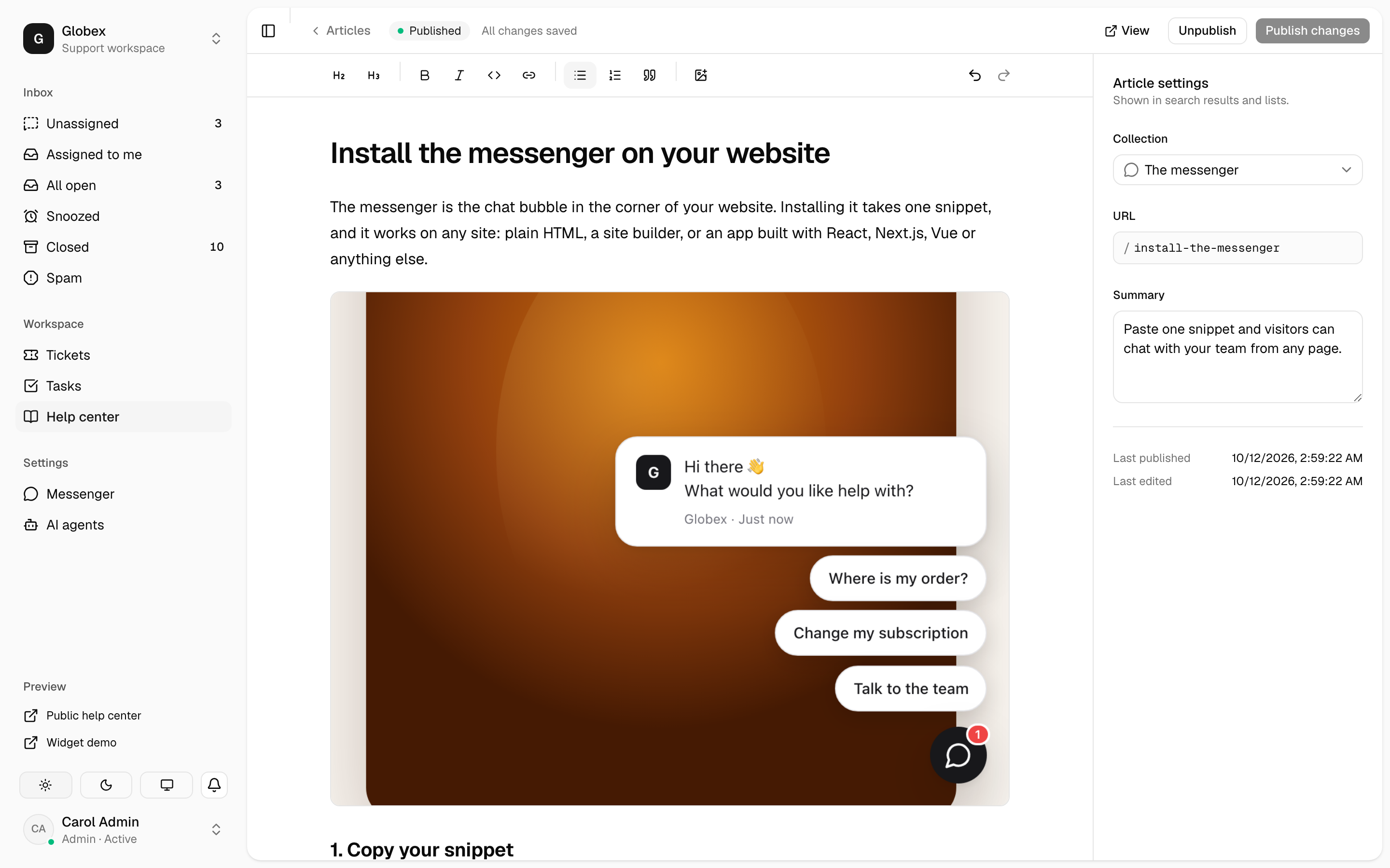 Writing an article in the help center editor