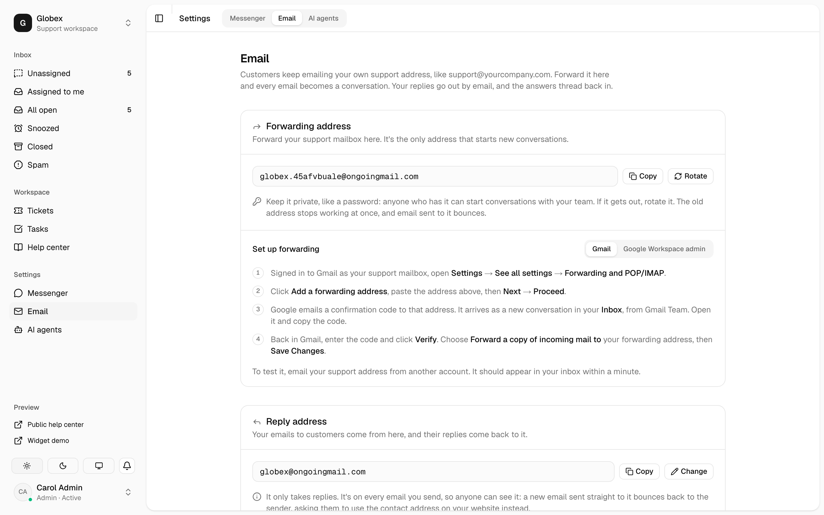 The forwarding address in Settings → Email