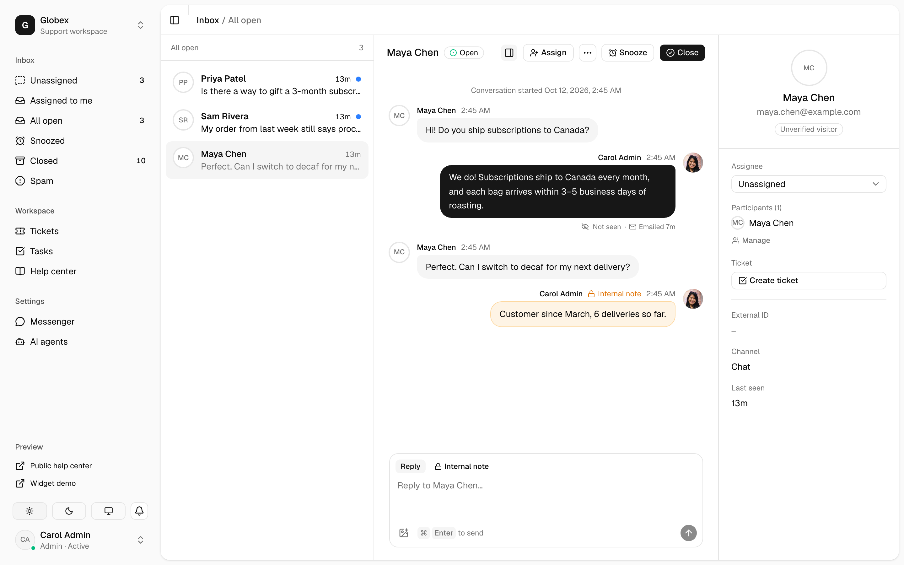 A conversation open in the inbox