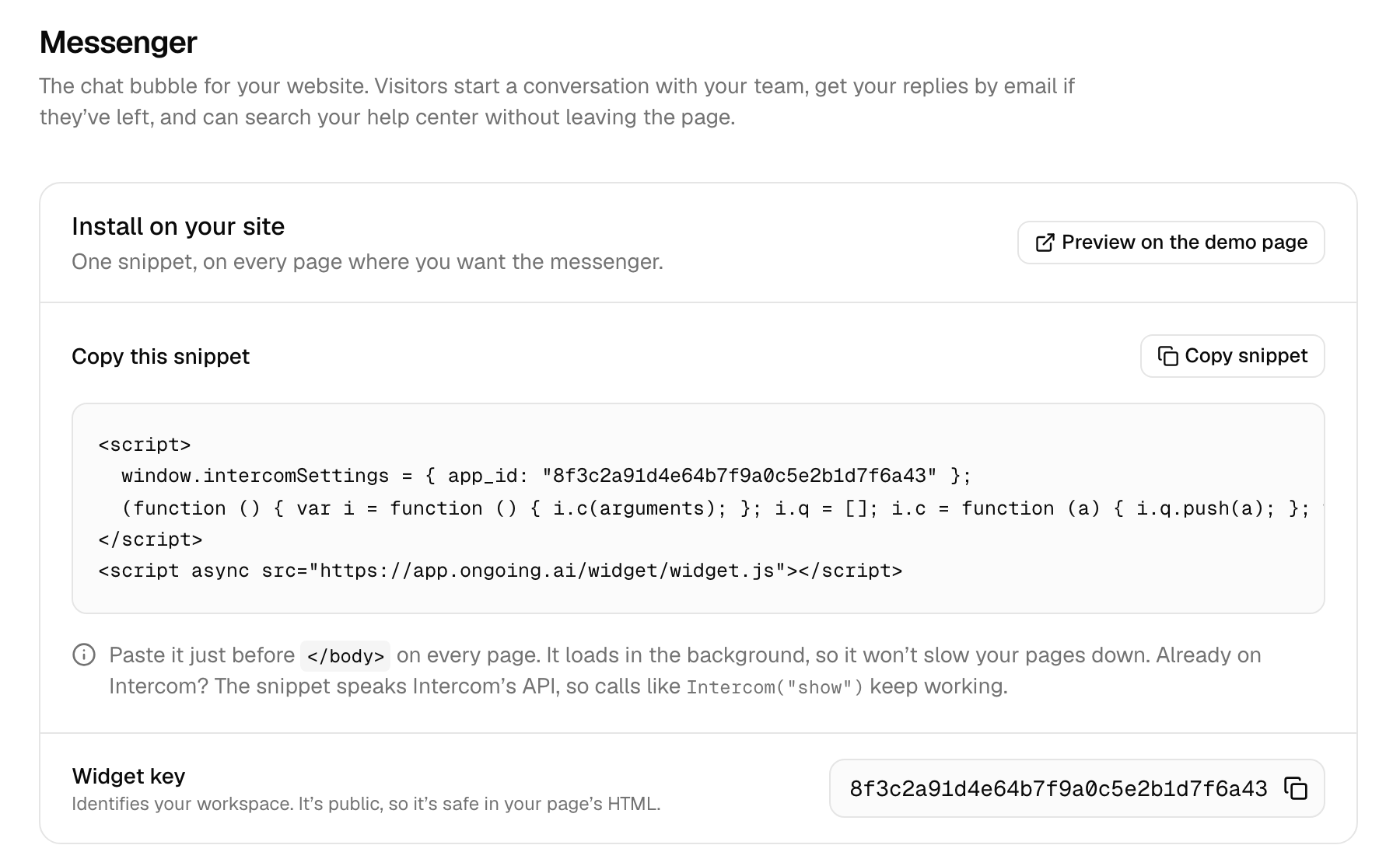 Settings, Messenger: your snippet with a copy button