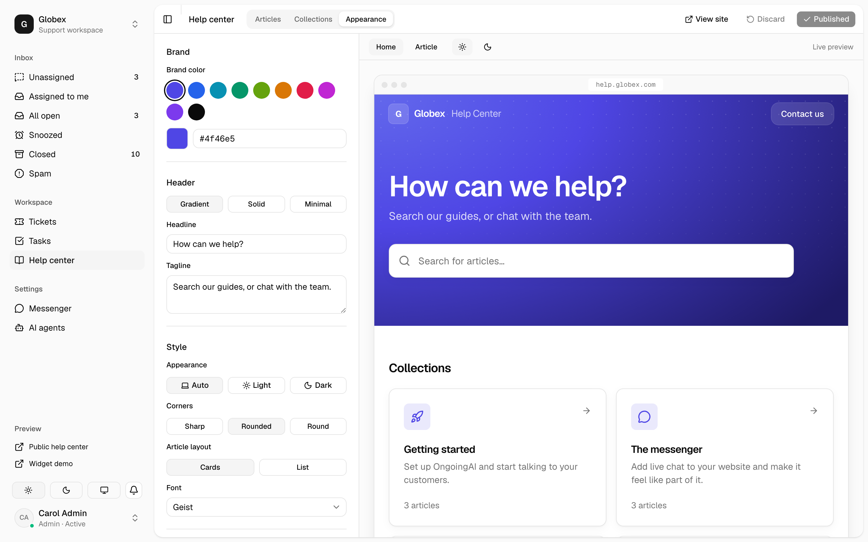 Help center appearance settings with a live preview