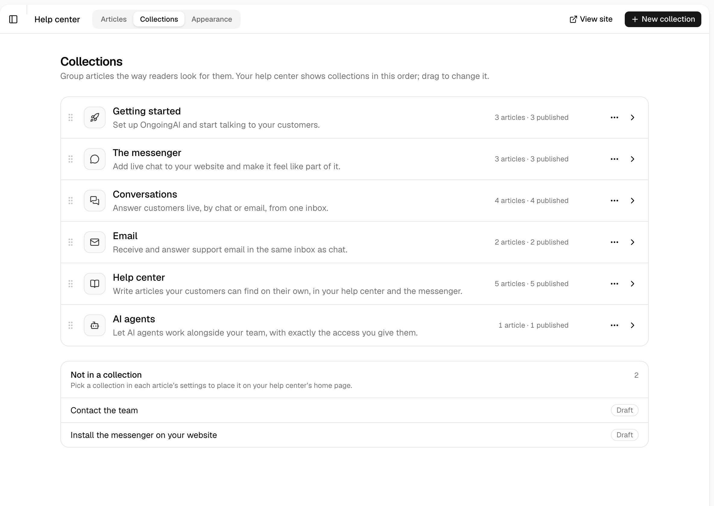 Managing collections in the help center
